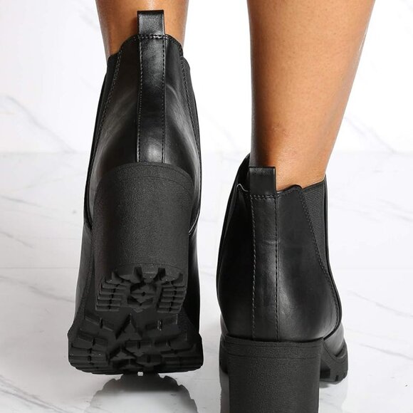 NEW🔥 Round Toe Chelsea Ankle Boots Booties Chunky Block Heel Lug Sole Platform - Picture 4 of 4